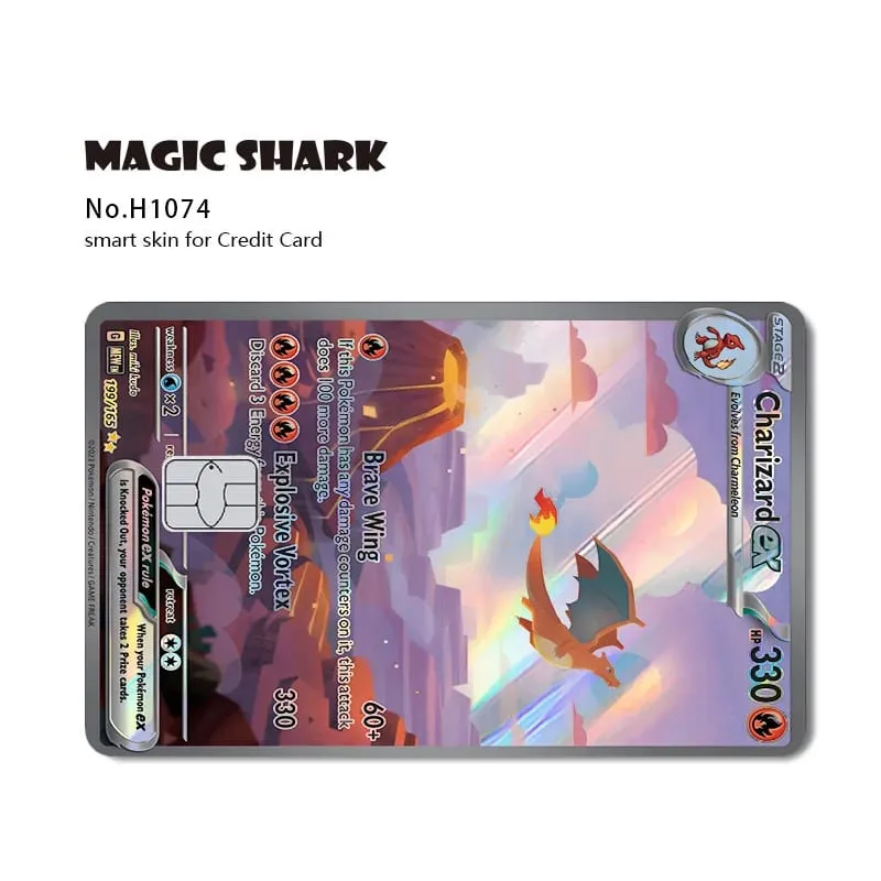 Magic Shark Mew Charizard EX Eevee Gengar Pikachu TCG Card Holographic Laser Skin Film Sticker for Bank Credit Card