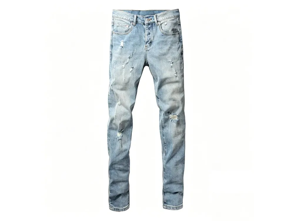 Men's Slim Taper Ripped Jeans Vintage Light Blue Wash Frayed Edges Button Fly High Street Style Denim Pants