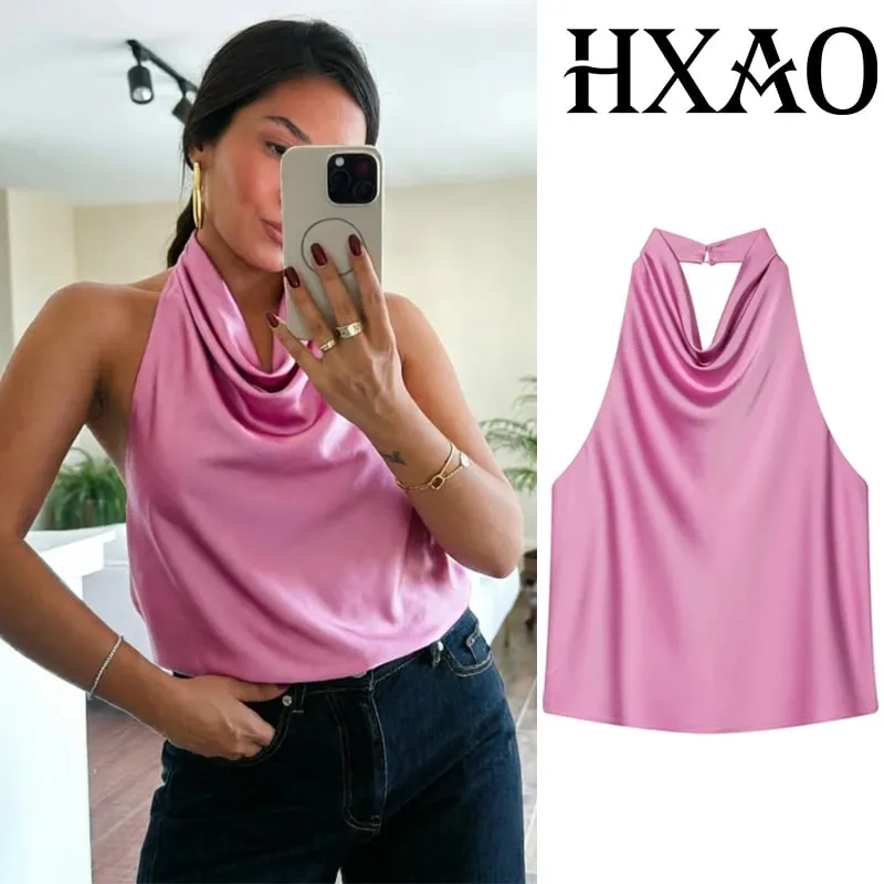 Women's Tanks Halter Top Women Sleeveless Green Crop Tops Summer Satin Party Evening Top Backless Sexy White Black Top
