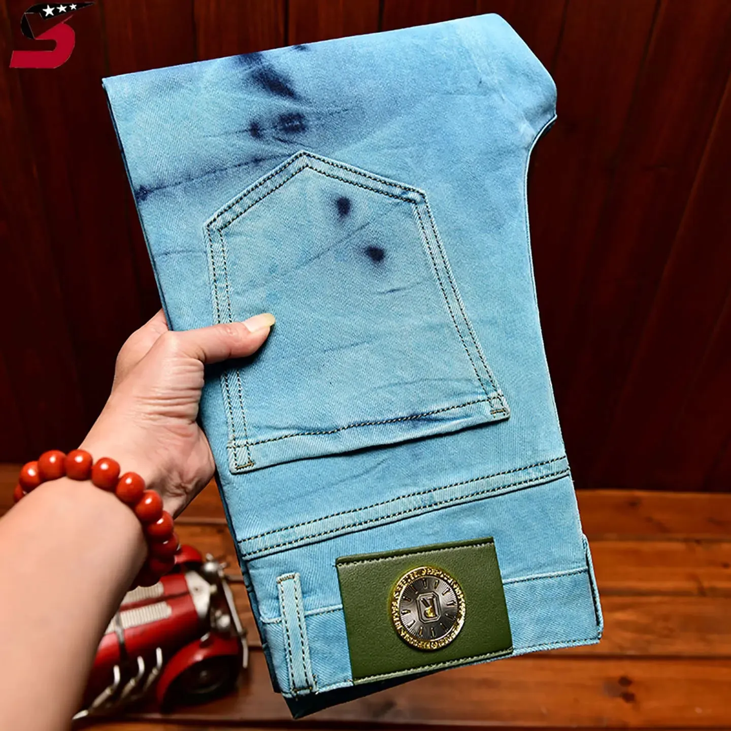 Retro Blue Black Ripped Jeans High Street Korean Version Trousers Y2k Baggy Pants Stacked Jeans Mens Cargo Pants
