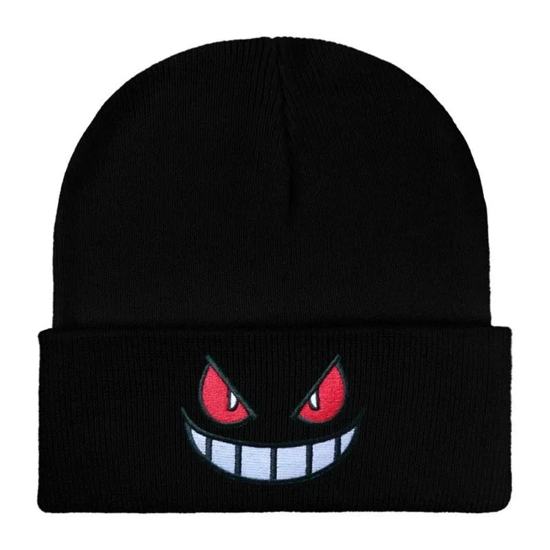 Pokemon Gengar Kartun Bordir Beanies Rajutan Skullies Musim Gugur Musim Dingin Topi Wol Hangat Gengar Wanita Pria Beanies