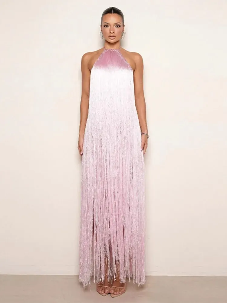 Party Women's Dress Halter Sleeveless Backless Tassel Solid Female Long Holiday Dresses 2026 Summer Fashion Elegant Lady Robe