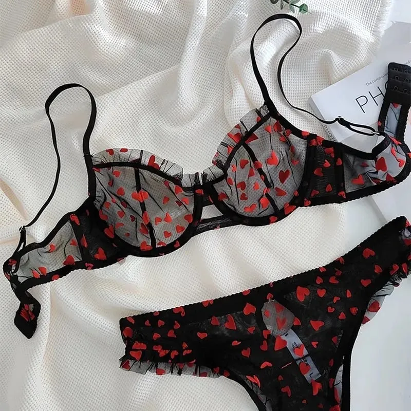 Women Heart Pattern Lace Underwire Bra Set Light Mesh Support Daily Intimates Lingerie Underwear Size 32‑38AB Women