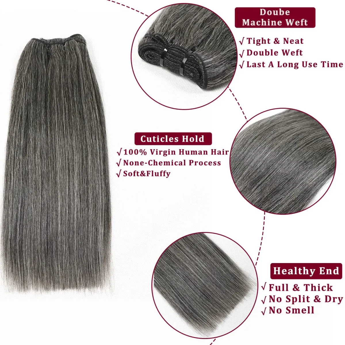 Yaki Straight Salt And Pepper Human Hair Bundles 12Inch Double Drawn Virgin Brazilian Hair Extensions For Women 100g/Pack