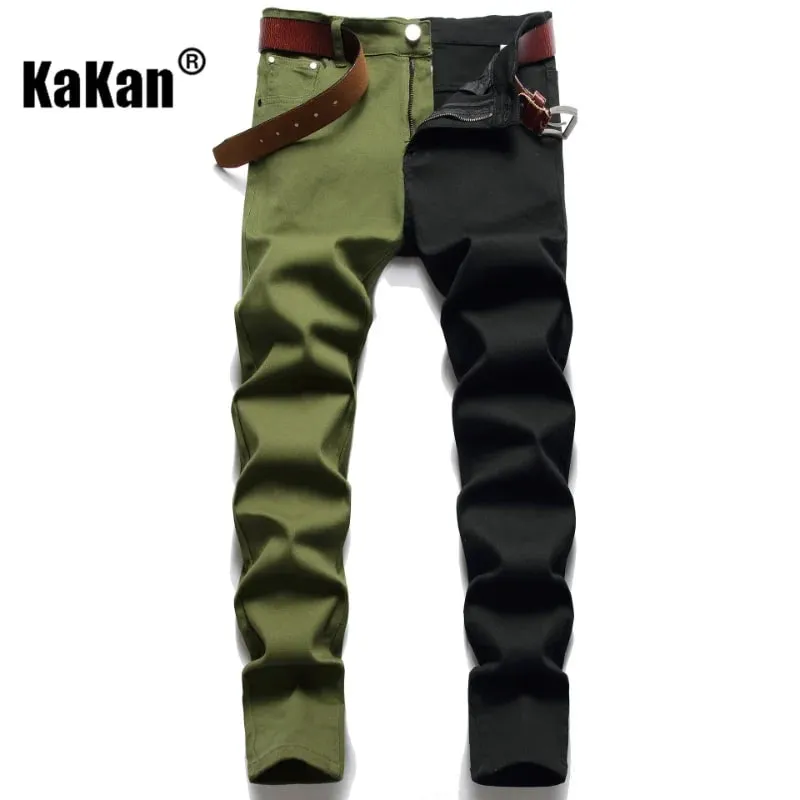 Kakan Slim Slim Fit Pie pequeño empalmado Bi-color Jeans europeos y americanos nuevos pantalones vaqueros de pierna recta K021-1266 para hombres