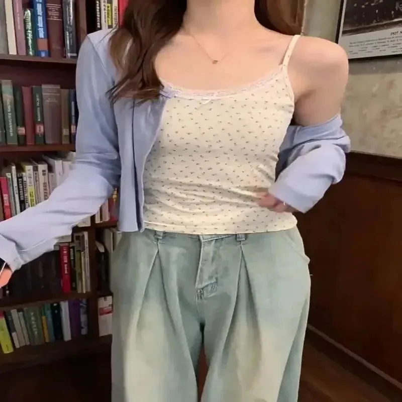 Elegant Lace Flower Print Camis 2026 Slim Sexy Vest Floral Tops One Size Floral Tank Tops Spring