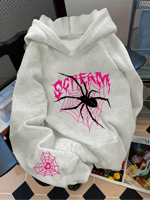 Men's Gothic Spider Print Hoodie Hip Hop Sports Casual Streetwear Pink Graffiti Pullover Sweatshirt Tops
