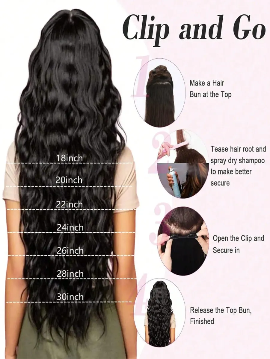 18~30 inch Long Wavy Clip-in Hair Extensions 7pcs/set Thick Hair pieces With Invisible Clips Soft Synthetic Fiber Black — image 6