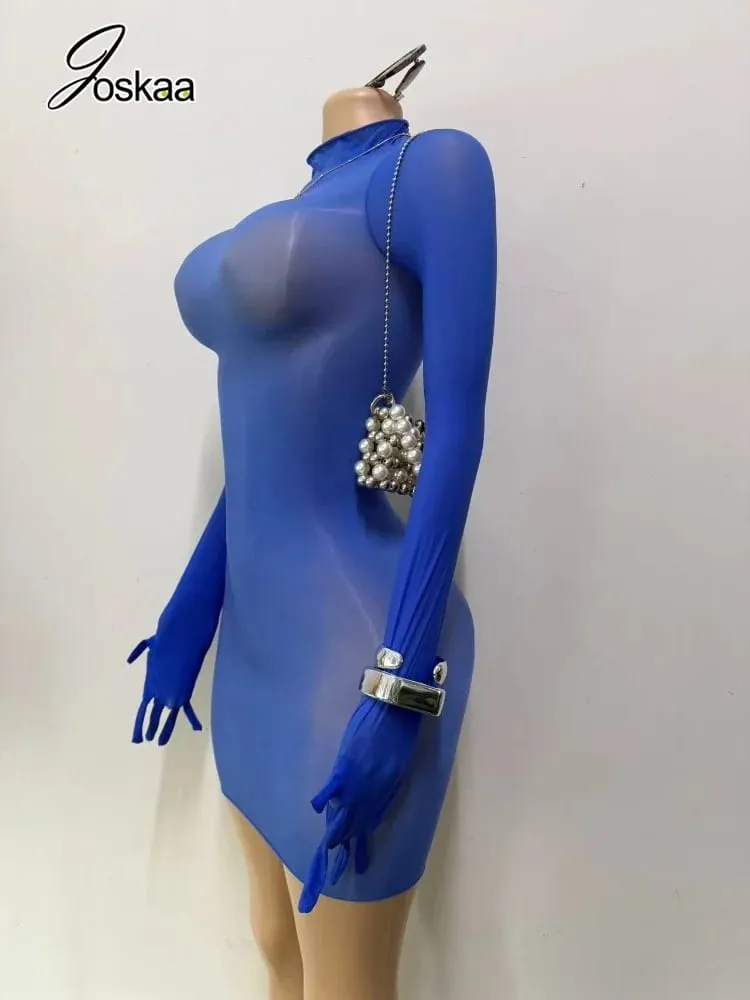 Joskaa Sexy Glossy Oil Shine Dress Long Sleeve Finger Gloves Design Seamless Bodycon Silky Smooth Tight Pantyhose Mini Dresses