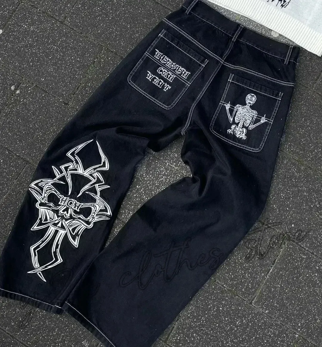American Y2K Hip Hop Fashion Trend Skull Embroidery Spot Jeans Men Street Loose Straight Wide-leg Pants Couple Oversized Jeans