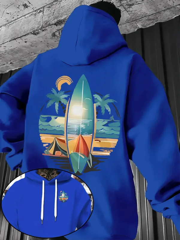 New Autumn/winter Men's Hooded Sweatshirt with Surfboard and Beach Print Loose Fit Stylish Street Style Comfortable Fit Hoodies