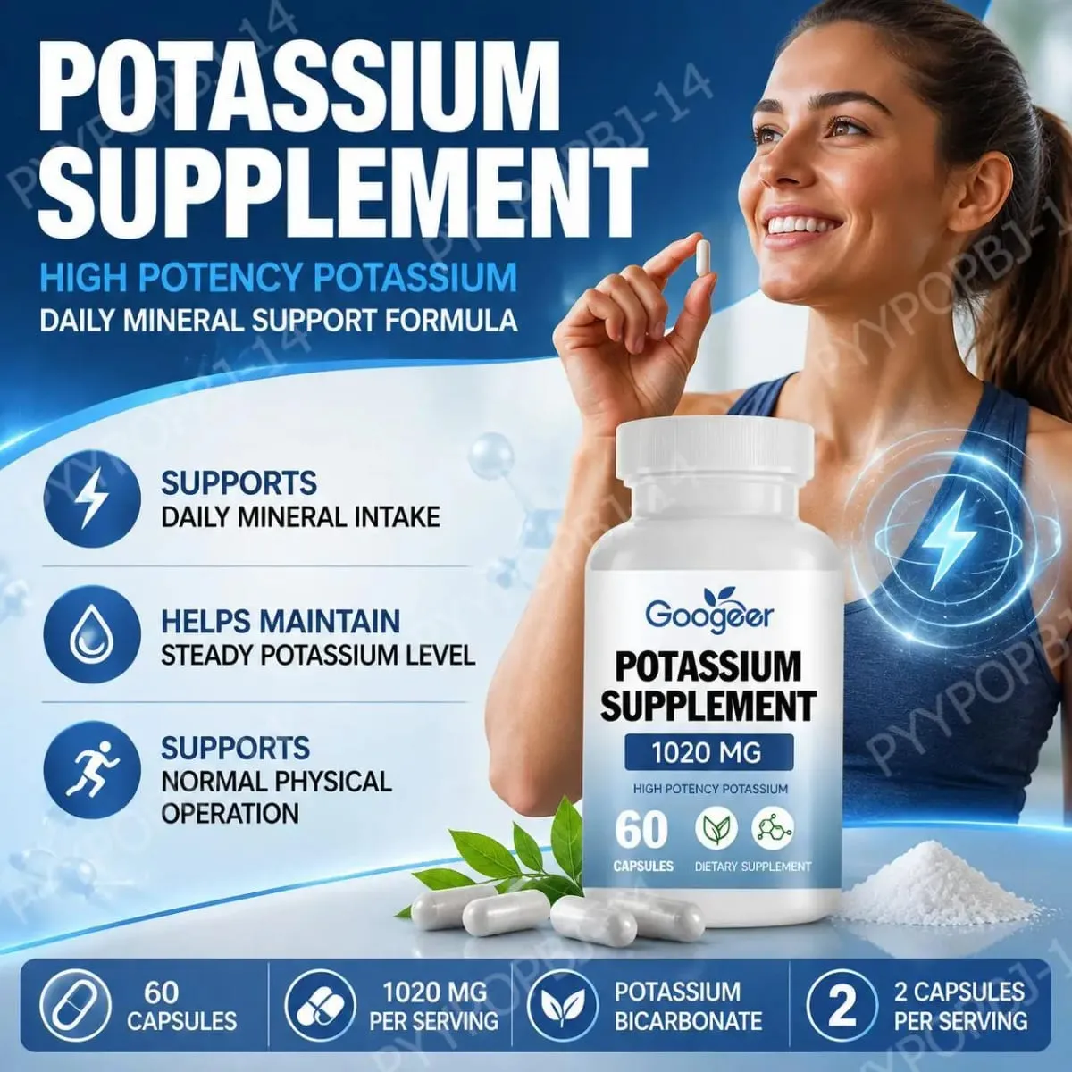 Googeer โพแทสเซียมอาหารเสริมแคปซูลสำหรับรายวันรองรับ Mineral Gap 1020 Mg เทียบเท่า Steady โพแทสเซียมระดับ 60 แคปซูล