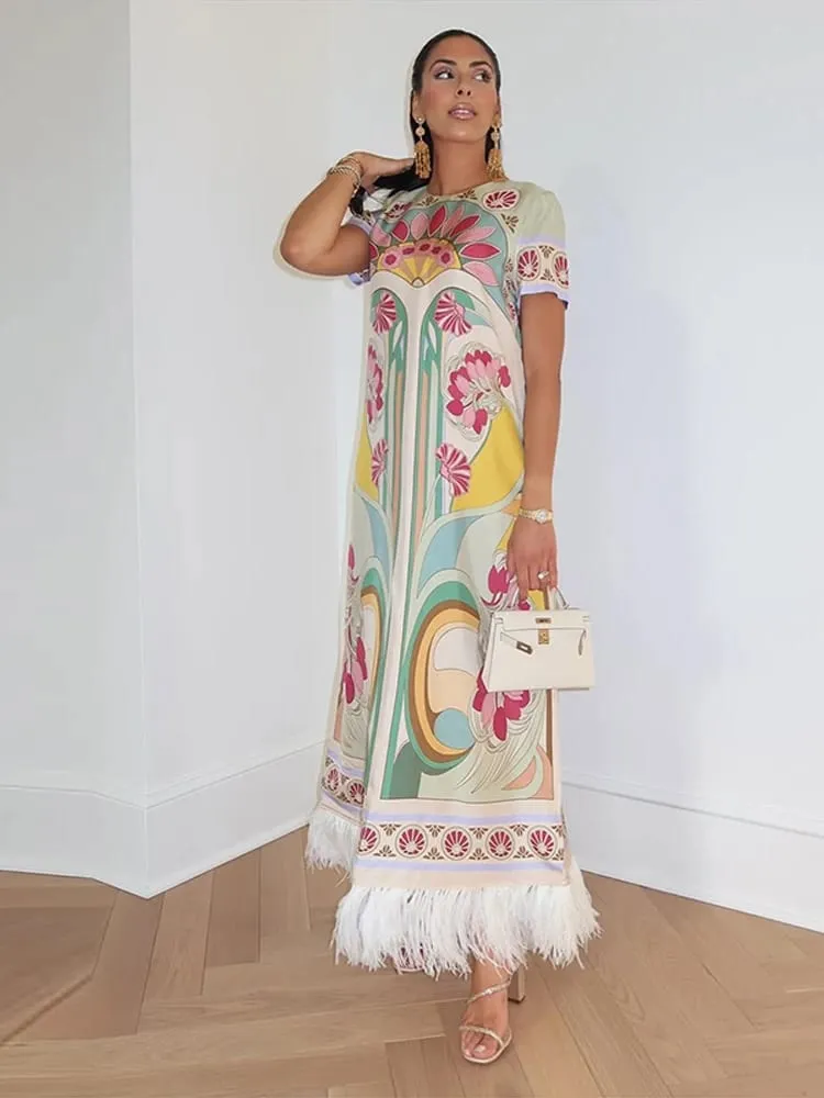 Printed Spliced Feather Tassel Hem Dress Half Sleeve O-neck Loose Maxi Dresses 2026 Summer Fashion Elegant Party Women Outwear