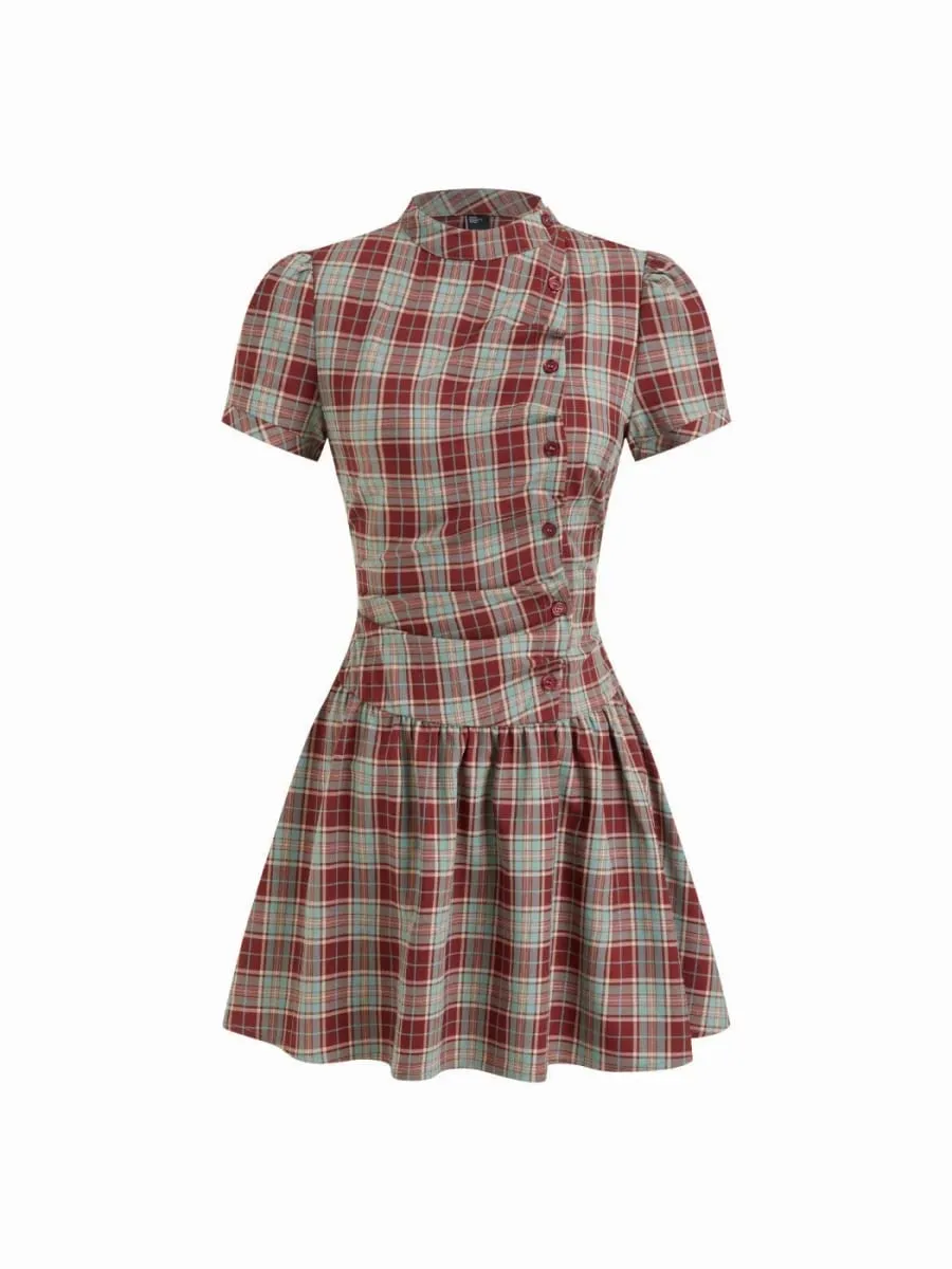 Women's Vintage Plaid A-Line Dress Short Sleeve Stand Collar Button down Pleated Mini Dress Casual Elegant Fashion