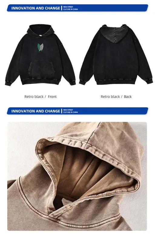 Anime Levi Hoodies Vintage Washed A-Attack on Titan Hoodie Casual Manga Yeager Eren Kapuzenpullover Titan Attack Pullover
