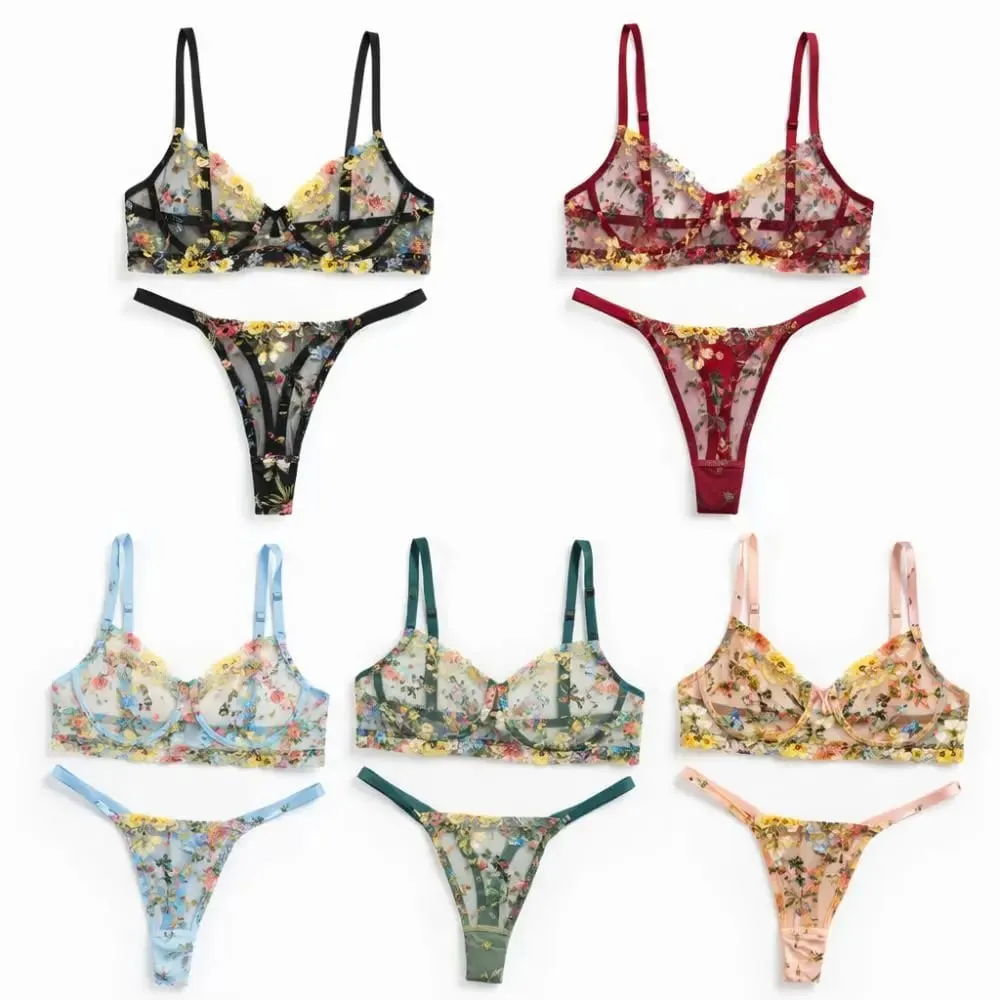 2-Piece Fashion Floral Lingerie Set Embroidery Sheer Underwear Intimates Versatile Underwire Push-up Bra Panty Set For Lady Girl
