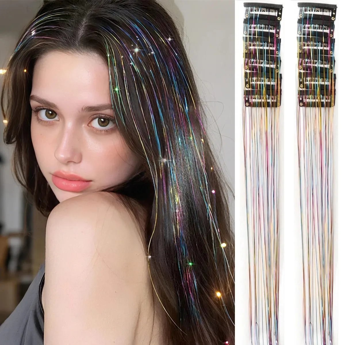 12Pcs Synthetic Hair Tinsel Clip in 20Inch Glitter Tinsel Hair Clip in Hair Tinsel Kit Heat Resistant Shiny Sparkle Fairy Hair