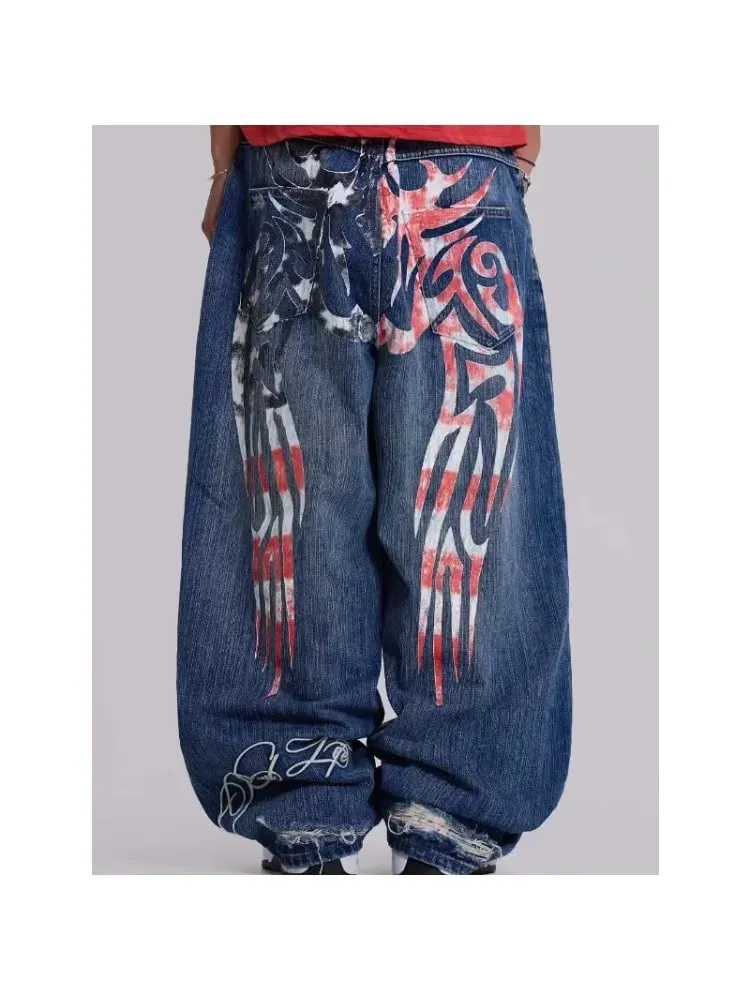 2026 new printed retro wide-leg casual slim trousers Hip-hop personality jeans Y2K women's dark fun graffiti floor-length pants