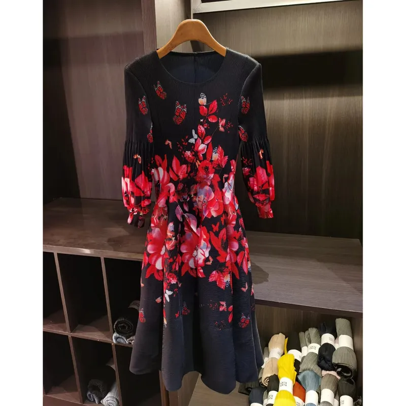 Spring New Oil Painting Print Ruched Dress Women's Beach Vacation Platycodon French Long Dress Fairy Style