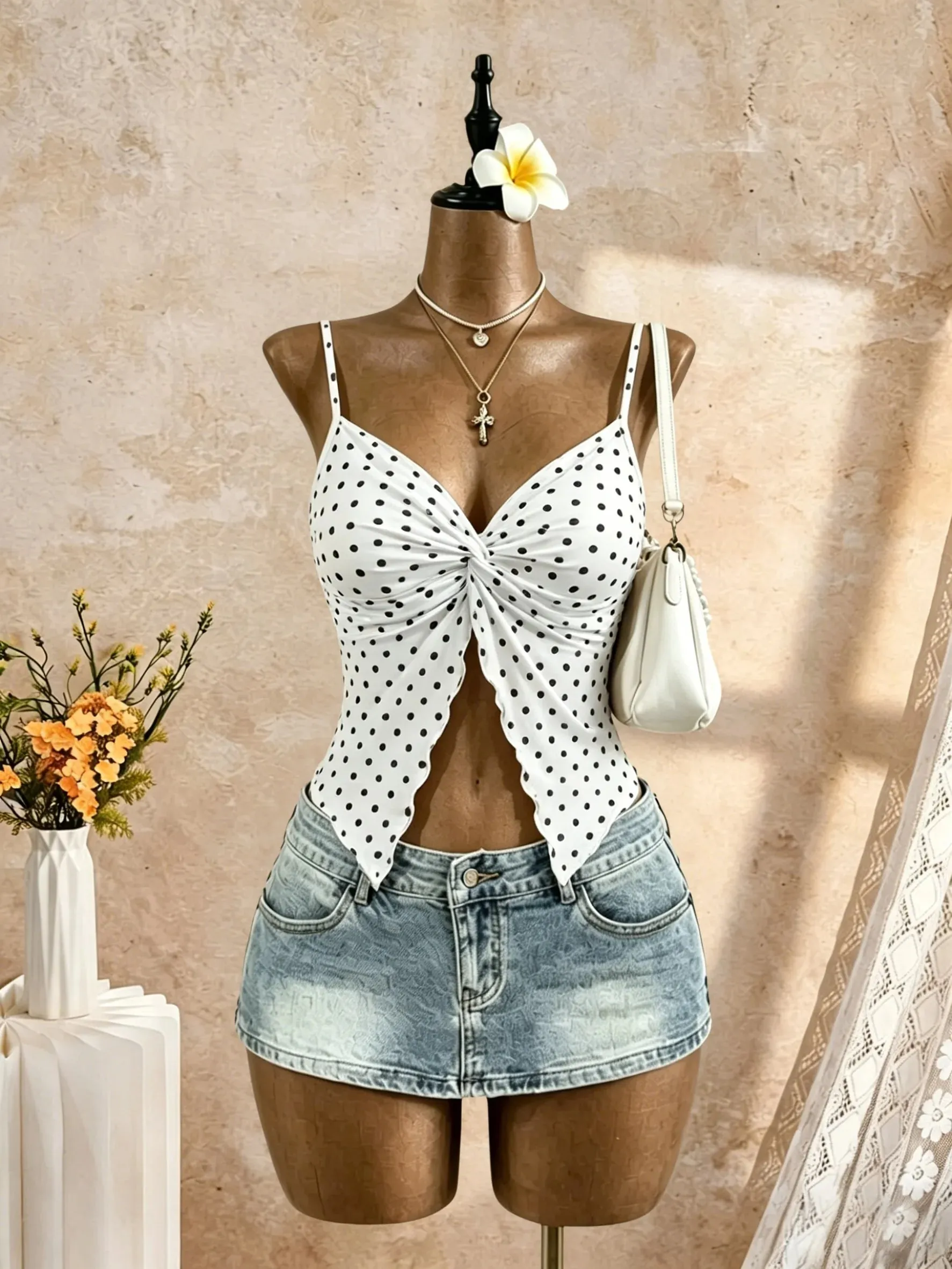 Women Spaghetti Strap V Neck Twist Front Cut Out Ruffle Irregular Hem Slim Fit Crop Cami Top 2026 Summer Y2K Solid White Sleevel