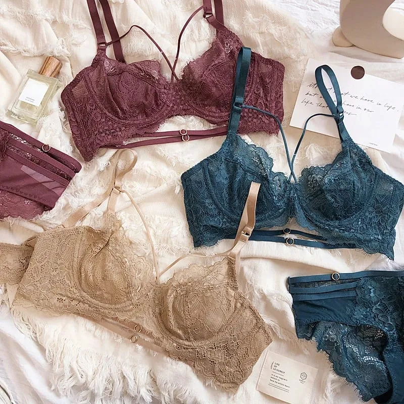 2 Pieces Sexy Hollow Push Up Bra Set French Lace Embroidery Underwear para sa mga Babae Summer Ultra Manipis Breathable Intimates Lingerie