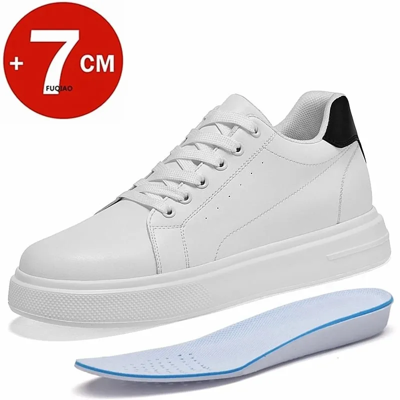 Fashion PU Leather Elevator Shoes for Men 7CM Invisible Height Increase White Sneakers for Women Heightening Casual Sprots Shoes