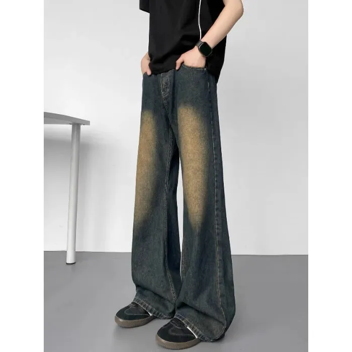 New American Vintage Washed Distressed Men's Jeans Baggy Jeans Micro Flare Retro Streetwear Hip Hop Trousers