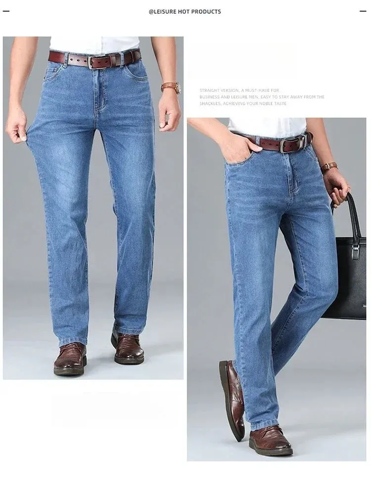 2026 Summer Brand Business Casual Men's Straight Denim Softener Lightweight Jeans Classic Embroidered Cotton Stretch Thin Pants