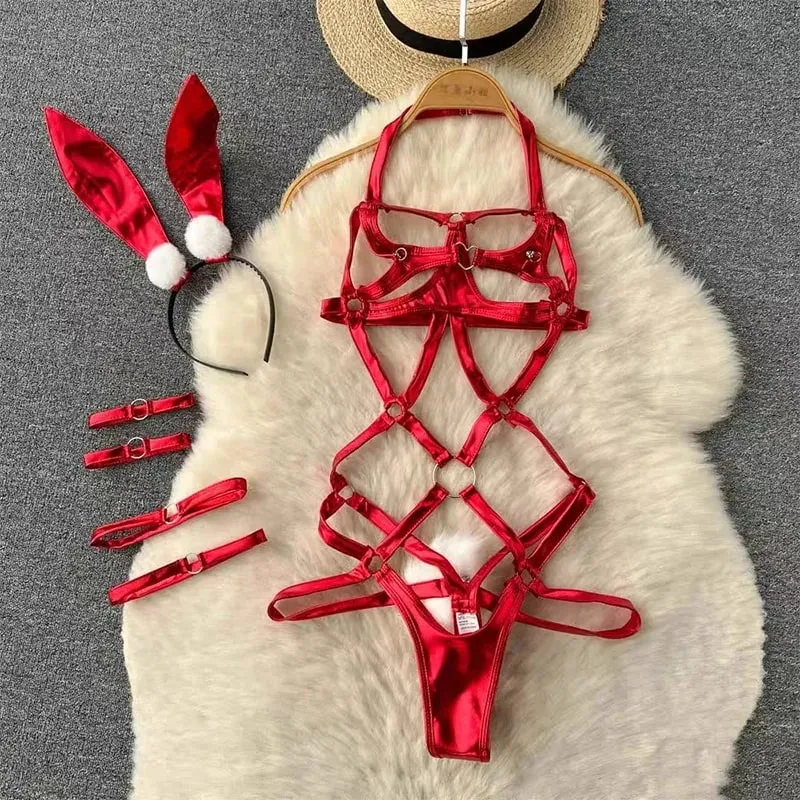 Sevimli Gri Tavşan kulaklık Üst Seksi Backless Slim Fit Bodysuit Zip Kolsuz Kadın Seksi Erotik Iç Çamaşırı Tavşan Cosplay Tulum
