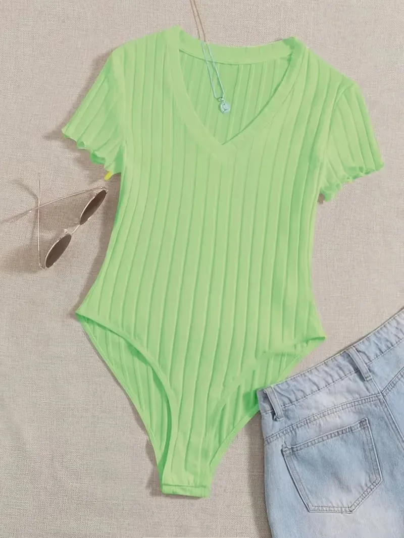 Lettuce Trim Ribbed Bodysuit Women's Sleeveless High Waist Bottom Control Shapewear for Slimming Effect