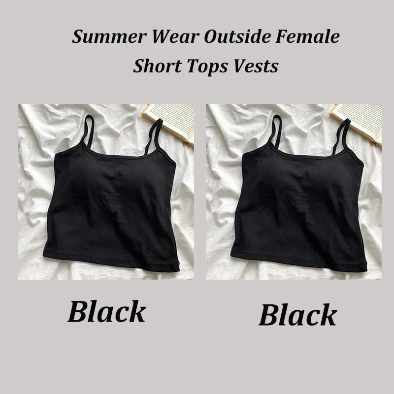 2PCS/SET Women's Basic Cotton Camisole madam Solid Color Spaghetti Straps Sleeveless Slim Vests Breathable Short Sleeveless Tops