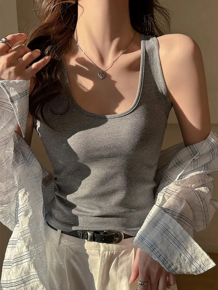 Women's Solid Color Lace Korean Vest Summer Trendy Singlet Cotton Sleeveless Camisole U-Neck Comfortable Female Tank Tops