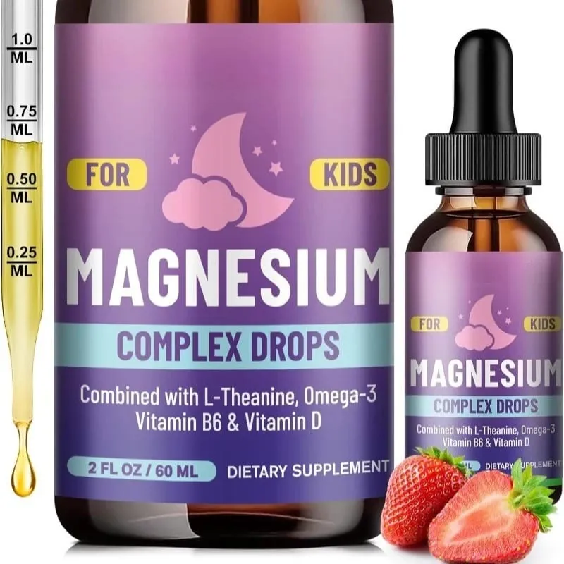 Titisan Cecair Magnesium Glycinate Kanak-kanak dengan L-theanine Omega-3 Vitamin B6 D3 untuk Relaksasi Tidur 2 Fl Oz Perisa Strawberi
