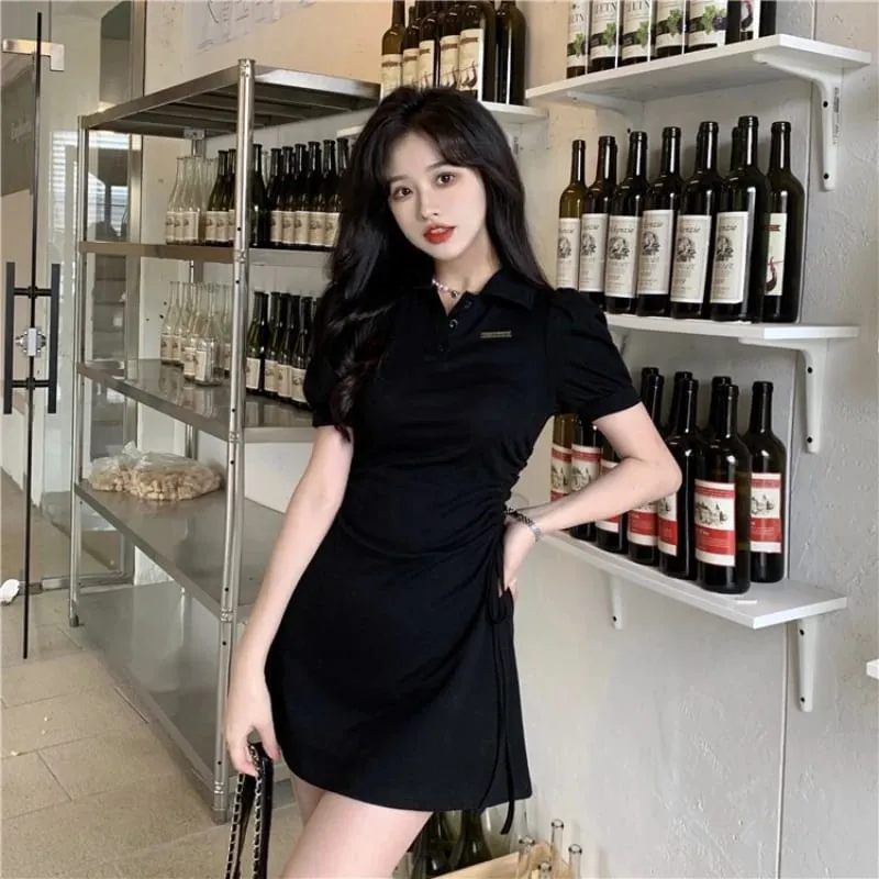2026 Korean Style Women Pink Polo Collar Short Sleeve Dress Drawstring Waist Slim Sweet Spicy A-Line Mini Dresses