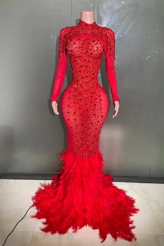 Black Red Women Long Sleeve Sexy Sparkly Crystal Mesh See Through Feathers Floor-length Mermaid Dress Panggabing Party Prom Outfit
