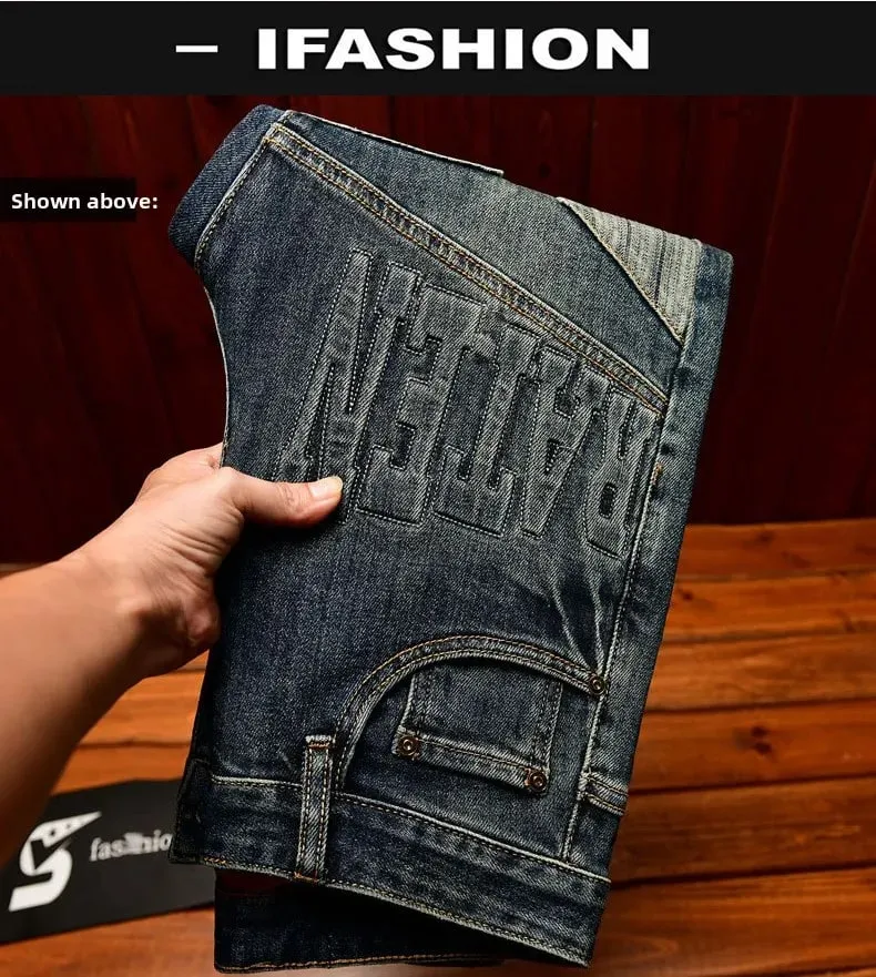 High end retro jeans for men slim fit small feet light luxury trend autumn style simple and casual long pants