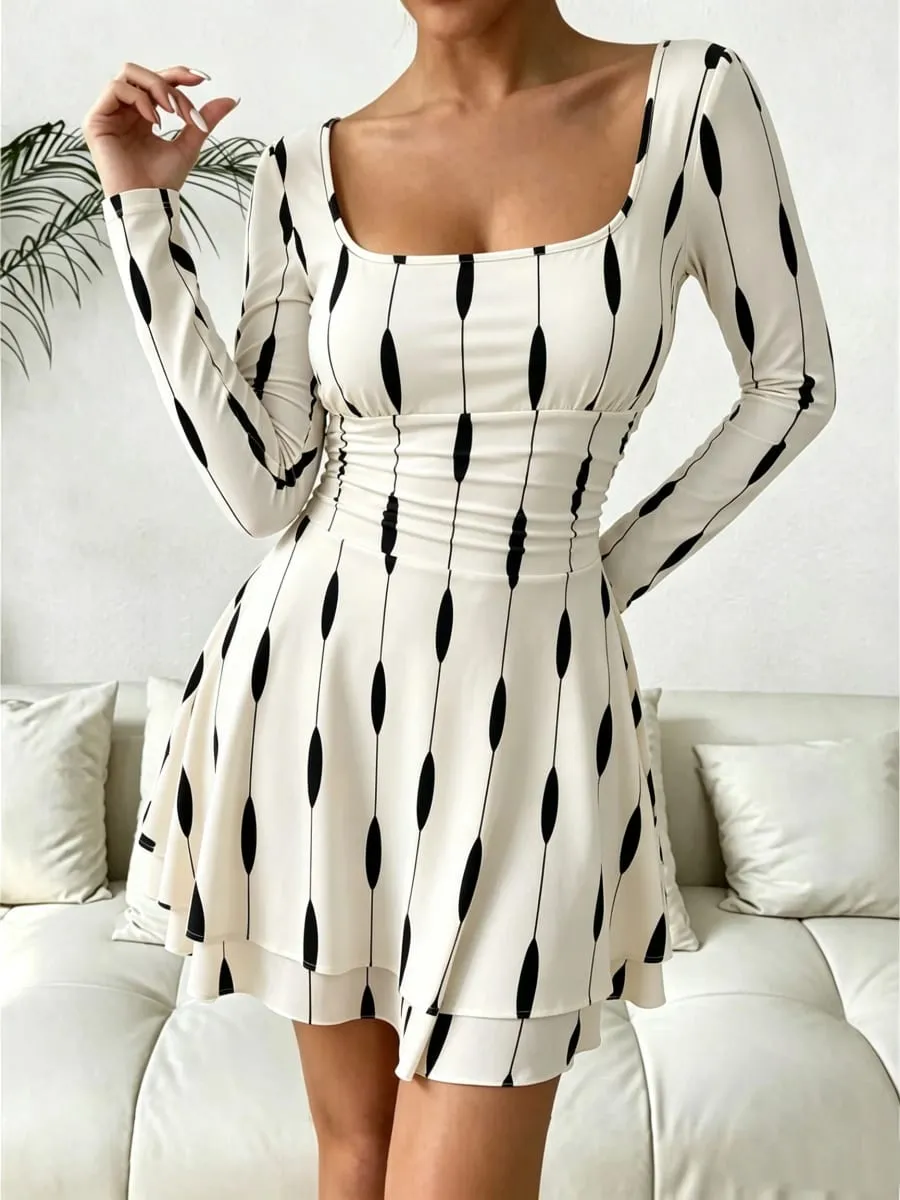 Autumn Geometric Print Mini Dress Women's Sexy Square Neck Long Sleeve Waist Cinched A-Line Skirt Length Fashionable