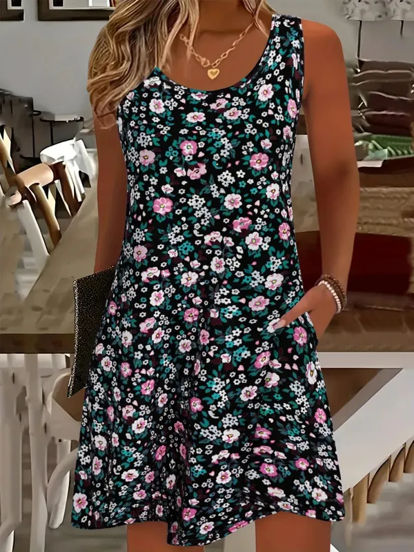 Fashion Women Sleeveless U Neck Midi Dress Solid Color Knee Length A Line Casual Summer Dresses