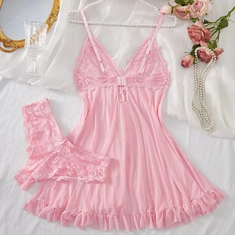 Sexy Lingerie Set Women Erotic Bra Nightdress Sexy Lace Sleepwear Solid Slim Soft Dresses V Neck Full Slip Sleepwear & Dresses — image 2
