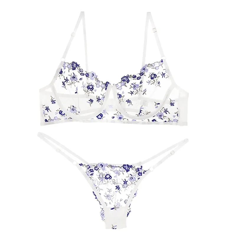 Women Floral Embroidery Sheer Mesh Lingerie Set Underwire Bra and Briefs Adjustable Straps Ladies Intimates Suit