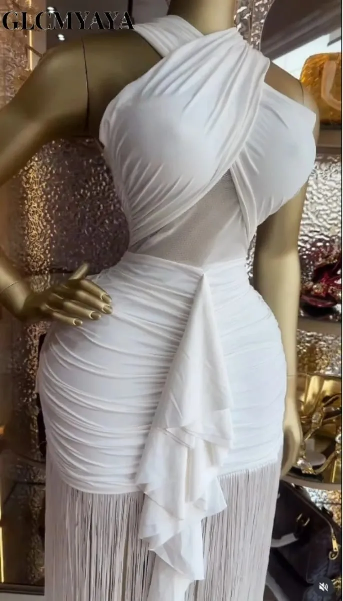 CM.YAYA Women Wraped Halter Neck Tassel Patchwork Stacked Midi Bodycon Maxi 2026 Spring Summer Holiday Party Trendy Long Dresses