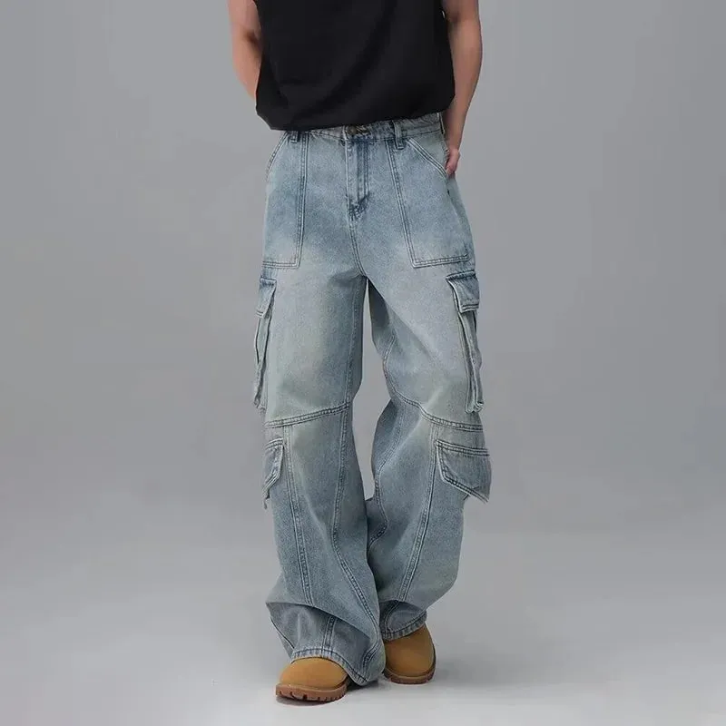 Men'S Spring And Summer Multi Pocket Workwear Design Jeans Retro Washed Japanese And Korean Casual Pants Loose Wide Leg Pants
