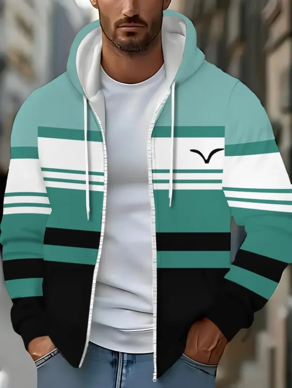 Hoodies for Man Striped Print Full Zip Sweatshirt Outdoor Wear Man Hoodie Fashion Casual Loose Sports Tops Pullover Man Clothing