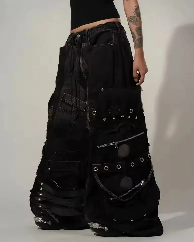 Czarne, luźne dżinsy Cargo mężczyźni kobiety ciężki, z wieloma kieszeniami na zamek błyskawiczny detale Streetwear modne spodnie na co dzień szerokie nogawki luźny krój miękkie Y2K