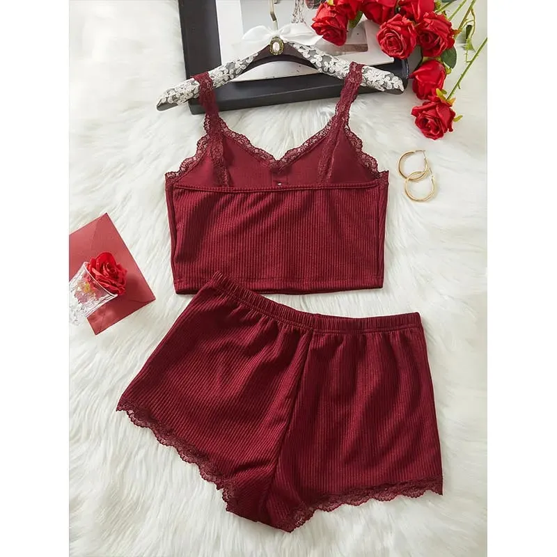 Solid-Color 2-Piece Summer Underwear Set Sexy Lace Bra Breathable Intimate Lingerie Fashion Home Wear Soft Seamless Bras Shorts