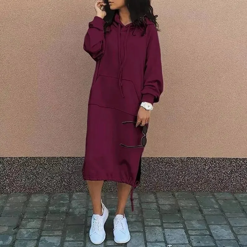 Gaun Panjang Hoodie Hangat Belahan Saku Elegan Berkerudung Besar Jubah Sweter Wanita Baru Mode Musim Gugur dan Musim Dingin 2023