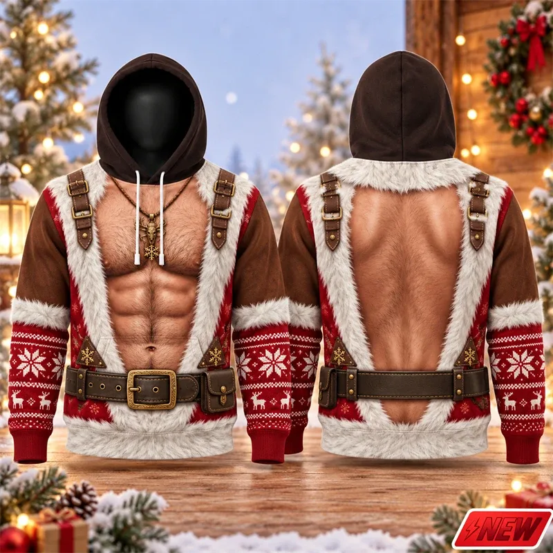Fashion Christmas Party Streetwear Hoodie Men Holiday 3D Print Funny Fake Muscle Santa Suit Reindeer Graphic Festive Sweatshirt — image 3