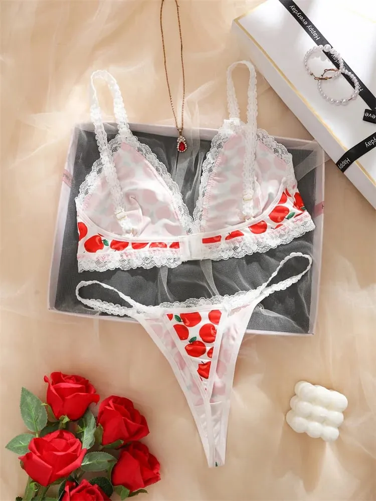 Ensemble de Lingerie imprimé pomme pour femmes, 2 pièces, soutien-gorge et string sans fil, Bralette, motif de fruits doux, sous-vêtements intimes en dentelle — image 3