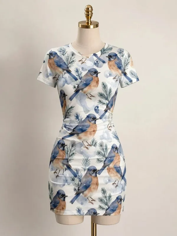 Womens Short Sleeve Bodycon Mini Dress Slim Fit Crew Neck Floral Print Casual Summer Party Flattering Lightweight Party Sundress