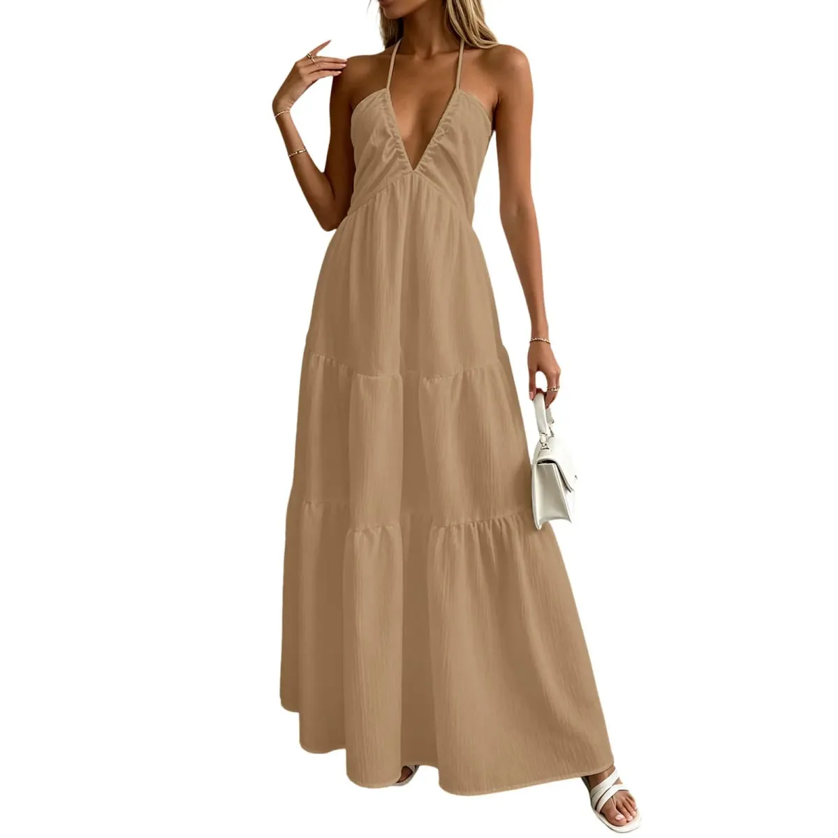 Summer Halter Neck Women's Dress Elegant Chic Wedding Party Beach Dress Backless Flowy Vacation Boho Sling Long Dresses Women
